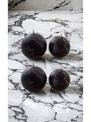 4'lü Mermer Desenli Büyük ve Küçük Top Mum Seti, Siyah