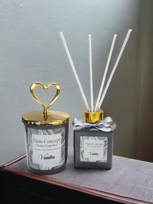 Vanilya Kokulu Gri Bardak Mum ve Çubuklu Oda Kokusu Seti, 100 ml