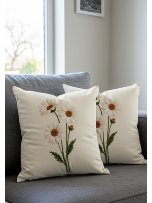 Ekru 2'li Kırlent Kılıfı, Papatya Desenli, Dijital Baskılı, Şık ve Zarif Tasarım