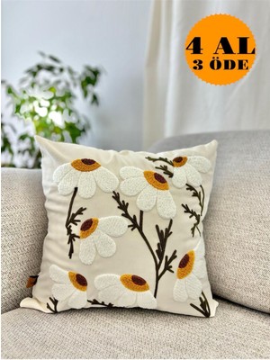 Papatya Desenli Nakışlı Dekoratif Kırlent Kılıfı 43X43 Cm, Bej