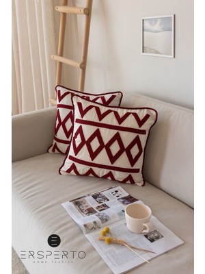 Şık Nakışlı Kırlent Kılıfı 43X43CM, Panç Desenli, Bordo, 1 Adet