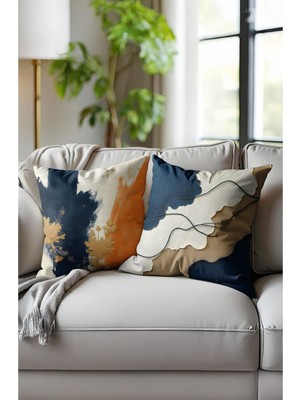 Lacivert Desenli Dijital Baskılı Çift Taraflı Kırlent Kılıfı, Gizli Fermuarlı, 2'li Set