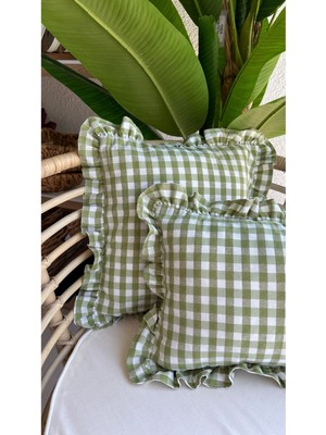 Fırfırlı Pötikareli Keten Kırlent Kılıfı, Açık Yeşil, Bohem Tarz, 1 Adet