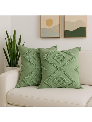 Yeşil Bohem Püsküllü 2'li Kırlent Kılıfı, Şık ve Rahat Dekorasyon.