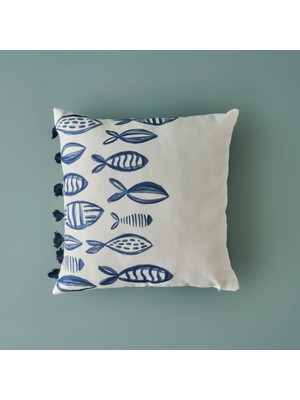 Beyaz %100 Pamuk Püsküllü Kırlent Kılıfı 45X45 cm