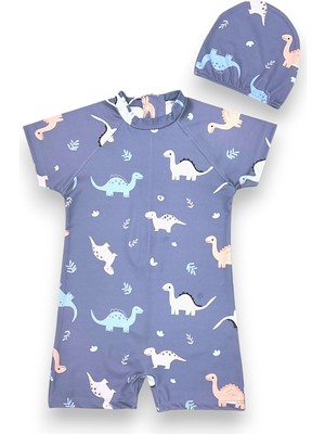 Erkek Çocuk Açık Füme Renk Dinozor Baskı Desen Kısa Kollu Tam Vücut Mayo Takımı