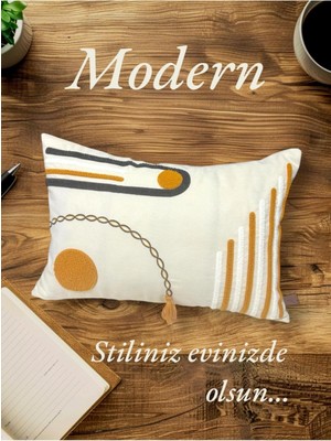 Bej Keten Kumaş 35X50 cm Zincir ve Püsküllü Desenli Kırlent Kılıfı