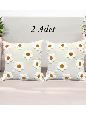 Bej Papatya Desen Keten Kumaş Kırlent Kılıfı (2'li) Şık ve Doğal Tasarım