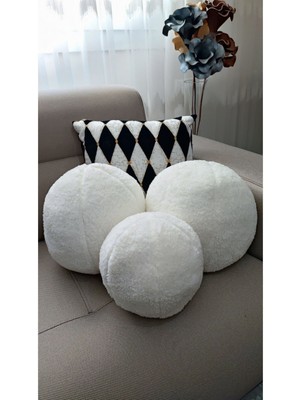 3'lü Ekru Lü Top Kırlent ve Yastık Seti, 42CM ve 25CM Ölçülerinde