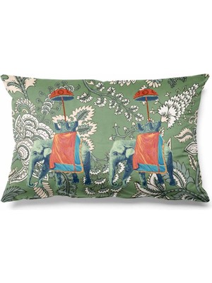 Küf Yeşili Dikdörtgen Fil Desenli Çift Taraflı Süet Kırlent Kılıfı