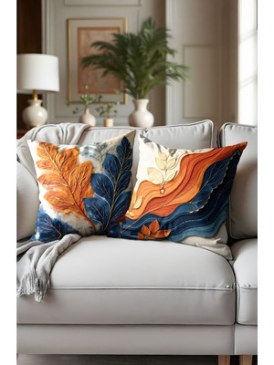 Turuncu ve Mavi Dijital Baskılı Çift Taraflı Yazlık Balkon Kırlent Kılıfı