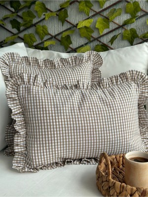 Bej Mini Pötikare Fırfırlı Pamuk Keten Kırlent Kılıfı, Şık ve Rahat Tasarım