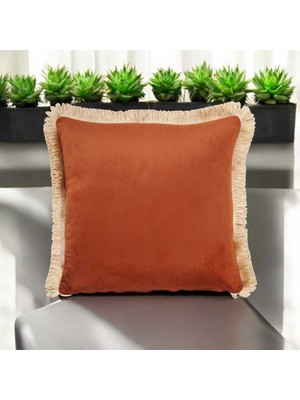 Kadife Kumaş Krem Püsküllü Kırlent Yastık Kılıfı