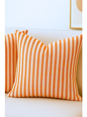 Şık Çizgili Pamuk Keten Kırlent Kılıfı, Turuncu, 2'li Takım
