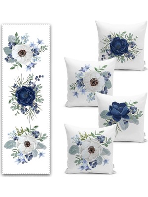 Renkli Gül Desenli Özel Tasarım 4 Kırlent ve 1 Runner Seti