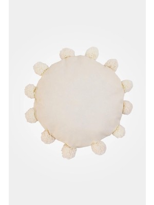 Bej Renkli Ponponlu Yuvarlak Kırlent Kılıfı, Şık ve Rahat Dekorasyon Için Ideal