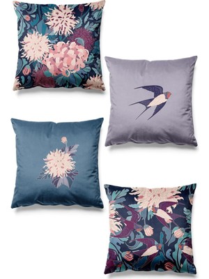 Çift Taraflı Krizantem Desenli 4'lü Süet Kırlent Kılıfı Mor