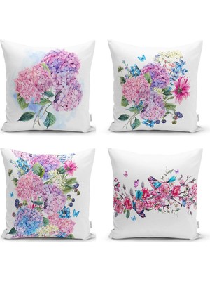 Renkli Ortanca Çiçeği Motifli 4'lü Modern Yastık Kılıfı Seti