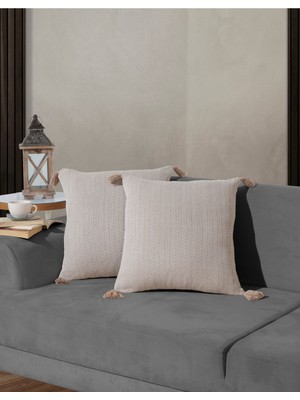 Bej 2'li Ponponlu Kırlent Kılıfı 45X45 cm Fermuarlı Püsküllü