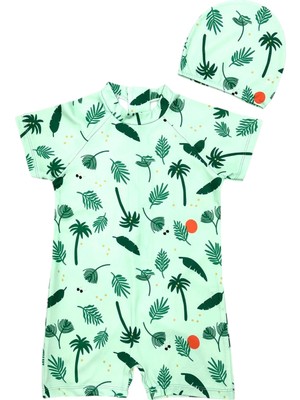 Lolli Boom Kids Yeni Sezon Unisex Çocuk Yeşil Renk Yaprak Desen Kısa Kollu Fermuar Kapamalı Mayo
