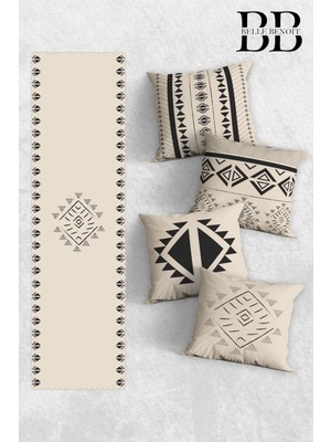 Ekru ve Siyah Çift Taraflı Baskılı 4'lü Yastık ve Servis Seti