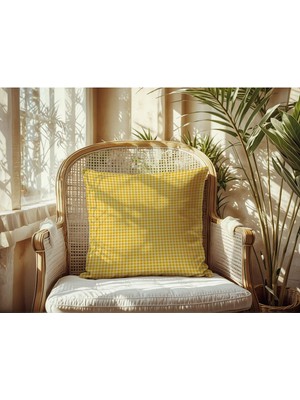 Sarı Pötikare Desenli Keten Kırlent Kılıfı Seti, Şık ve Doğal Görünüm