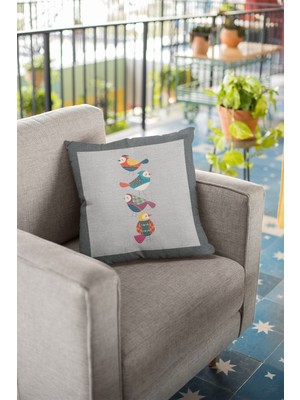 Gri 43X43CM Çift Taraflı Kuşlu Tay Tüyü Dokuma Kırlent Kılıfı