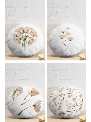 Renkli Çiçek Desenli Modern Yuvarlak Yastık Kılıf Seti, 4'lü, Beyaz Zemin