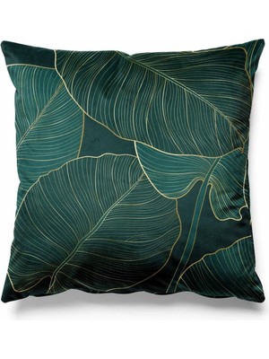 Yeşil ve Altın Yaprak Desenli Çift Taraflı Şık Kırlent Kılıfı