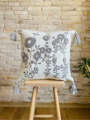 Şık Işlemeli Papatya Desenli Tekli Kırlent Kılıfı