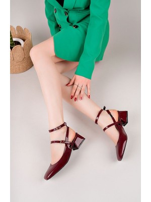 Bordo Rugan Kadın Kare Küt Burunlu Topuklu Ayakkabı