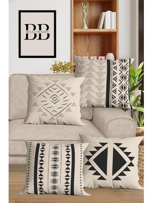 Bej Siyah Çift Taraflı Bohem Desenli 4'lü Koltuk Yastık Kılıfı Seti