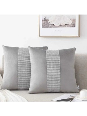 2 Adet Kadife Görünümlü Taşlı Şeritli Dekoratif Kırlent Kılıfı, Gri