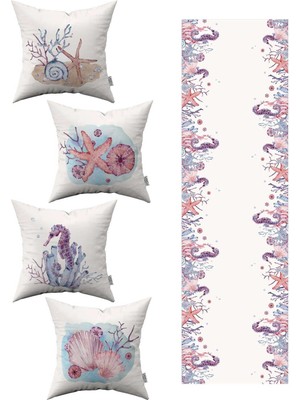 Mavi ve Pembe Marin Desenli 4'lü Kırlent ve Runner Seti, Şık ve Zarif Tasarım