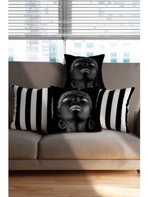 Şık Siyah Beyaz Çizgili 4'lü Kırlent Kılıfı Seti