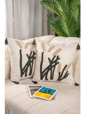 Bej 2'li Nakışlı Kırlent Kılıfı, Şık ve Tercih Edilen Yastık Kılıfı Seti