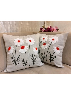Nakışlı 2'li Kırlent Kılıfı, 43X43CM, Keten, Dekoratif, Beyaz Papatya Deseni