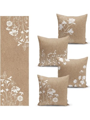 Çiçek Desenli 4 Kırlent Kılıfı ve Runner Seti, Renkli, Şık ve Zarif Tasarım