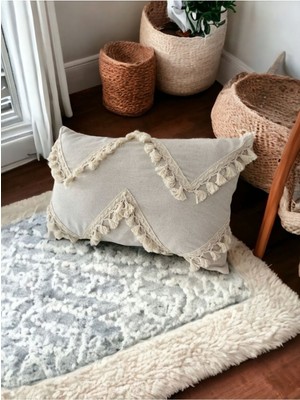 Özel Tasarım Çapraz Ponpon Tekli Keten Kırlent Kılıfı 35X55, Ekru Krem