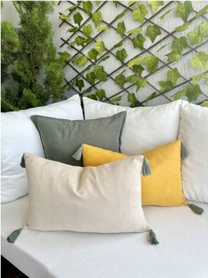 Püsküllü Yeşil ve Sarı Kırlent Kılıfı Seti, 3'lü Vintage Tasarım