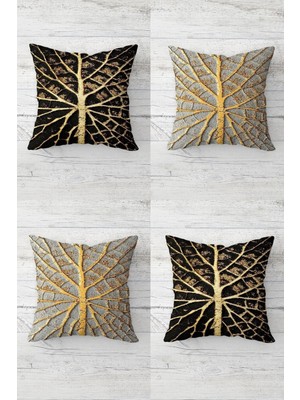 Yeşil-Gri-Gold Desenli Gizli Fermuarlı Kırlent Takımı (4 Adet)