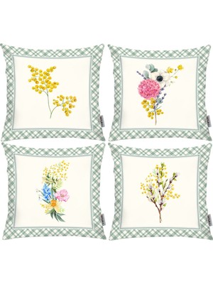 Çiçekli Bahar ve Bohem Tarzı 4'lü Kırlent Kılıfı, Krem, Yeşil, Pembe