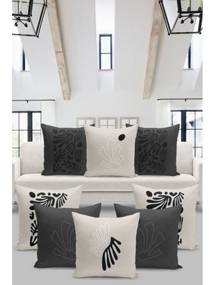 8'li Kırlent Kılıf Seti, Keten ve Tweed Dokusu, Antrasit Renk, Şık ve Modern Tasarım