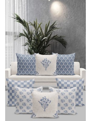 Mavi 8'li Kırlent Kılıf Seti, Çift Taraflı Dijital Baskılı, Yüksek Kalite Mikropetek Kumaş