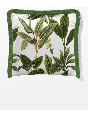 Yeşil Çift Taraflı 43X43 cm Saçaklı Kırlent Kılıfı, Tropikal Desenli Şık Tasarım