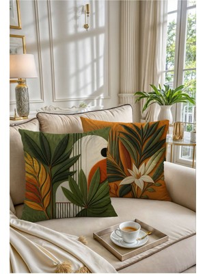 Yeşil ve Turuncu Çiçek Desenli Dijital Baskılı 2'li Kırlent Kılıfı