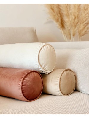 Kadife Silindir Yastık Seti, Fitilli, Krem, Bej, Gül Kurusu Renklerde, 3'lü Paket