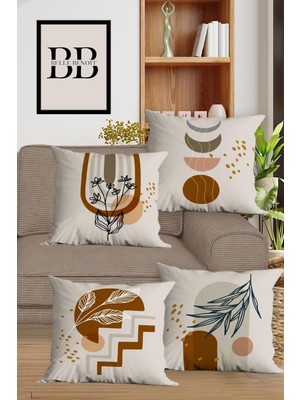 Bej Kahverengi Çift Taraflı Baskılı Dekoratif 4'lü Koltuk Yastık Kılıfı Seti
