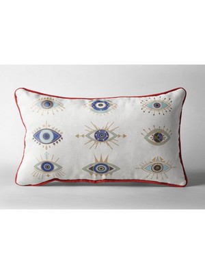 Mavi Beyaz Nazar Boncuğu Temalı Dikdörtgen Kırlent Kılıfı 30X50