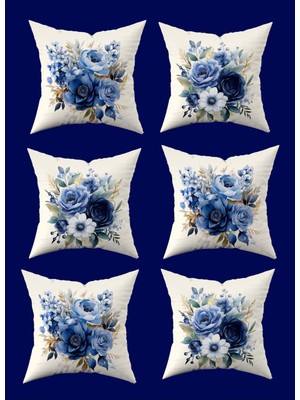 Mavi Beyaz Çiçek Desenli Dijital Baskılı 6'lı Kırlent Kılıfı Takımı